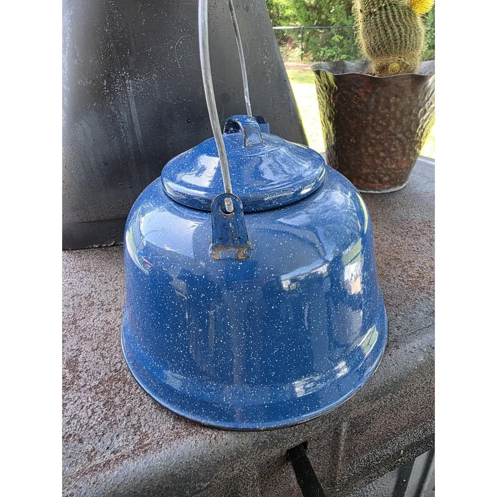 VTG Blue Speckled Enamelware Coffee Tea Pot Kettle 7